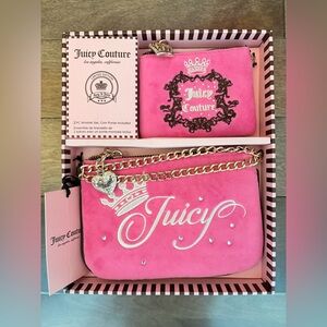 Juicy Couture Pink Velour Wristlet Set Gift Box Chain Pouch Coin Purse Y2K NWT